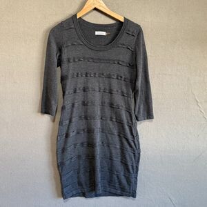 Calvin Klein Dress Womens Small Gray Sweater Knit Sheath Ribbon Trim 3/4 Sleeve